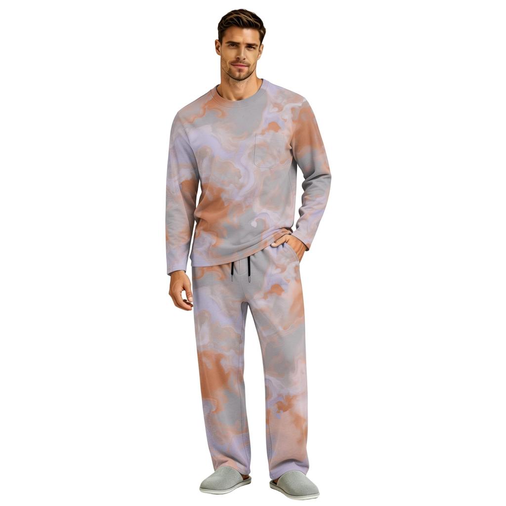 Men's Pajama Set Long Sleeve Top and Pants with Button Fly and Elastic Drawstring Waist