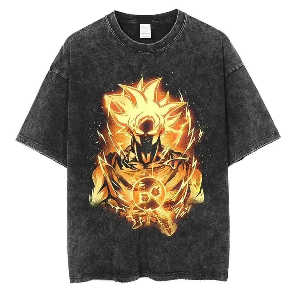 Anime Dragon Ball Z Vegeta Vintage Wash T-Shirt Short Sleeve Loose Sports Fitness T-Shirt Men's Harajuku Clothing Dragon Ball