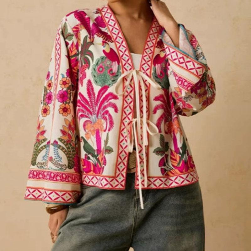Bohemian Vintage Large Floral Print Tie Front Cardigan Women Fall Long Sleeve V-Neck Open Front Romantic Lazy Style Layering Piece