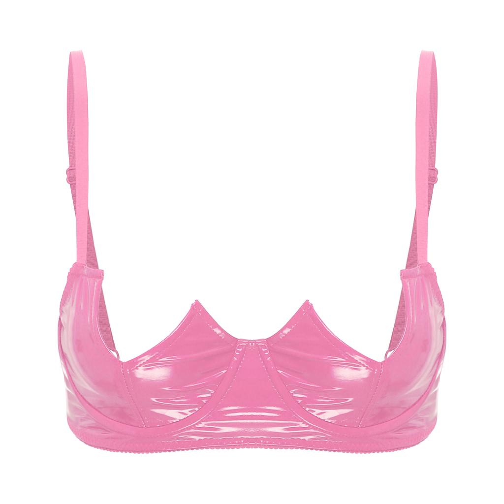 Biustonosz damski z wycięciem w kształcie litery V z fiszbinami, z efektem mokrego wyglądu, ze skóry lakierowanej, regulowany, z ramiączkami typu spaghetti