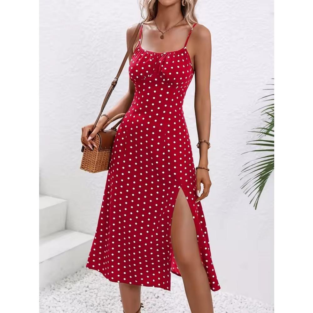 2025 Estate Sexy Spaghetti Straps Dress Donna Moda Polka Dot Stampa Senza Maniche Slit Dress Boho Casual Beach Midi Abiti