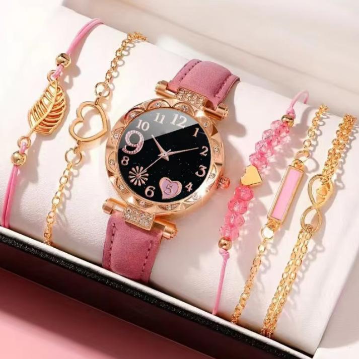New Ladies Diamond Dial Belt Quartz Watch Beaded Bracelet Set 6Pcsset Chronograph Watch