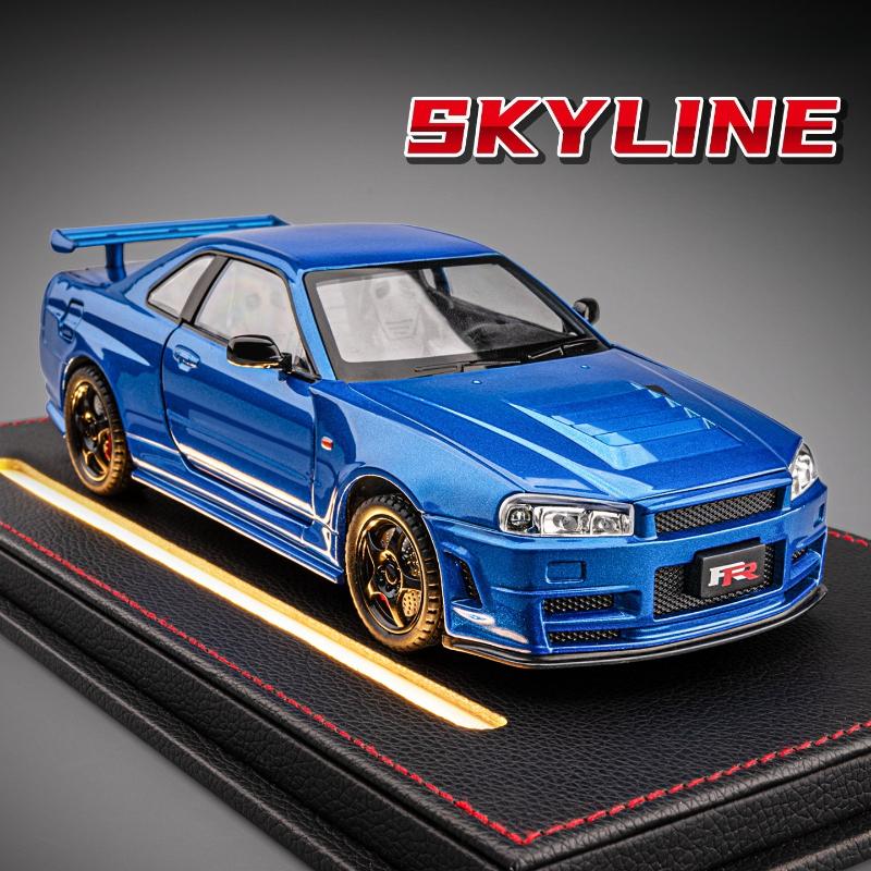 1/24 Skyline GTR R34 Static Diecast Car Sound Light Pull Back Detailed Rubber Tires Desktop Hobby Collectible Boys Gift