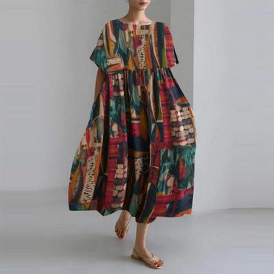 Cotton Linen Retro Plus Size Loose A Line Printed Long Dress Summer Beach Round Neck Pocket Dresses for Women