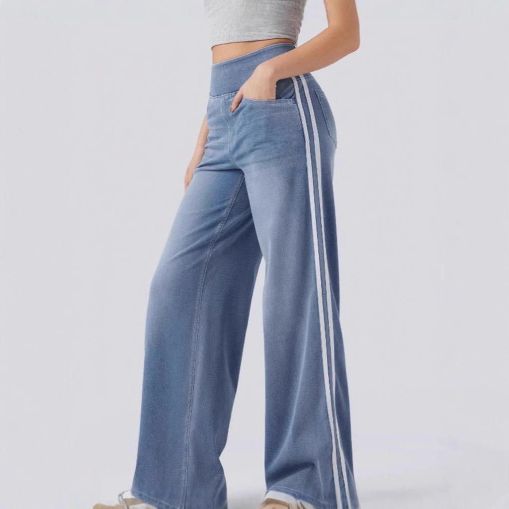 Women's Retro Side Stripe Baggy Wide Leg Jeans, Trendy Double Stripe Long Denim Pants for Casual Street