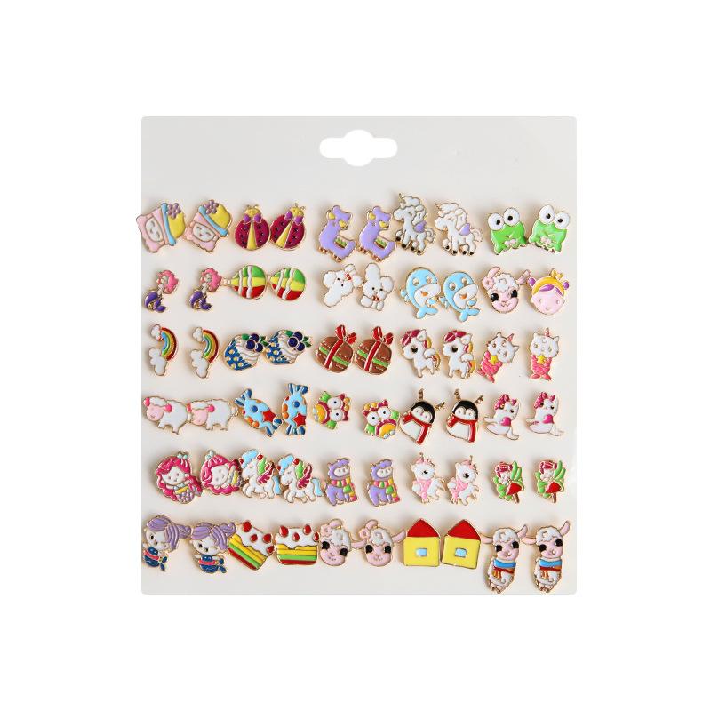 Colored small animal penguin stud earrings 10 pairs combination, cartoon unicorn sheep earrings animal stud earrings