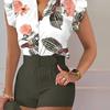 2 st/set Dam Top Shorts Set Blomma utskrift Bälte Hög midja Ärmlös rynkning Dress-up OL Style Tight midja Damkostym