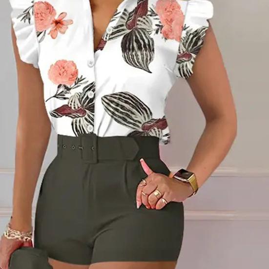 2 st/set Dam Top Shorts Set Blomma utskrift Bälte Hög midja Ärmlös rynkning Dress-up OL Style Tight midja Damkostym