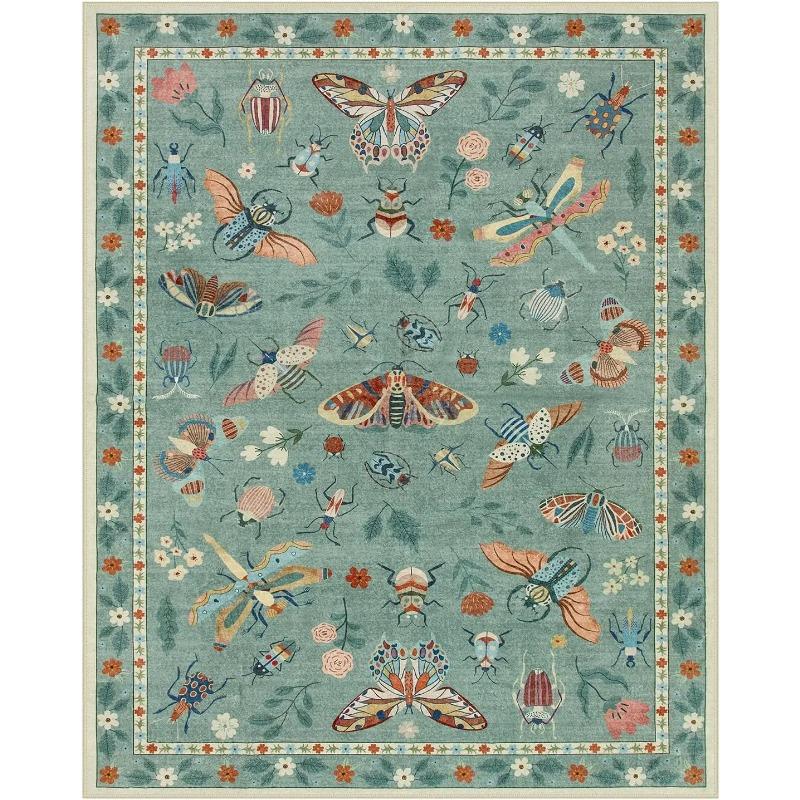 Insect Theme Green Area Rug Soft Washable Modern Stain Resistant Large Kids Nursery Carpet for Bedroom Living Room Home Decor