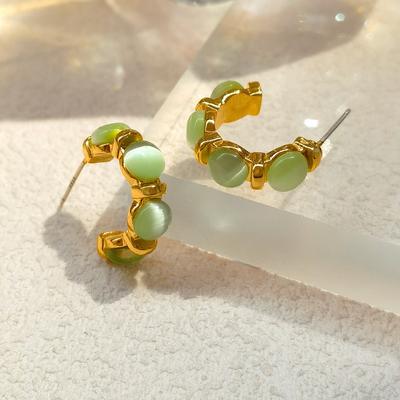Exquisite Opal Stone C-shaped Hoop Earrings New Korean Green Circle Earrings For Women Party Trendy Charms Jewelry