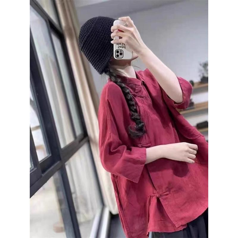 Women's Chinese Style Three-Quarter Sleeve Linen Shirt with Frog Button for Tea Ceremony