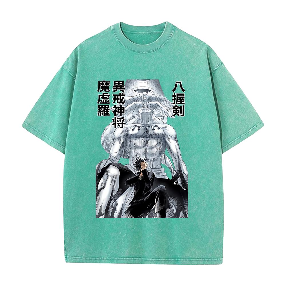 Anime Jujutsu Kaisen Fushiguro Megumi Makora Print T-shirt Men Women Tshirts Cotton Clothing Retro Washed T Shirt Harajuku Tops