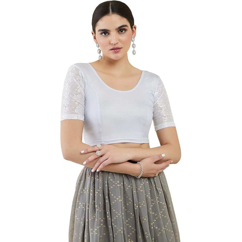 Soch Silver Spandex Princess Cut Blouse with Floral Sleeves