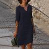 Damen Fünf-Ärmel V-Ausschnitt Retro Einfarbig Baumwolle Leinen Kleid