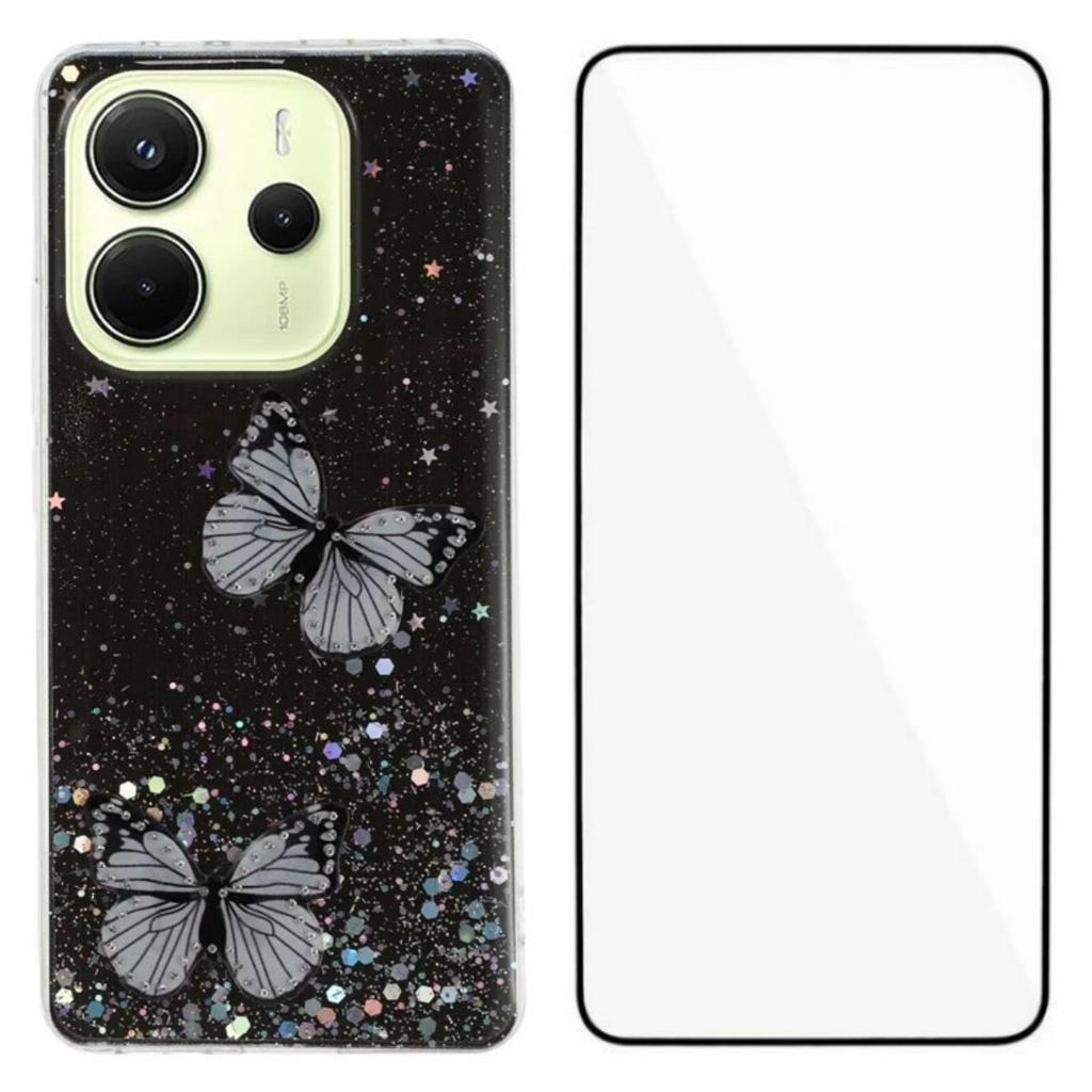 For Xiaomi Redmi Note 14 4G (163.25x76.55x8.16mm) TPU Case WANLONFENG AW Series PVC Butterfly Epoxy Phone Cover with HD Film
