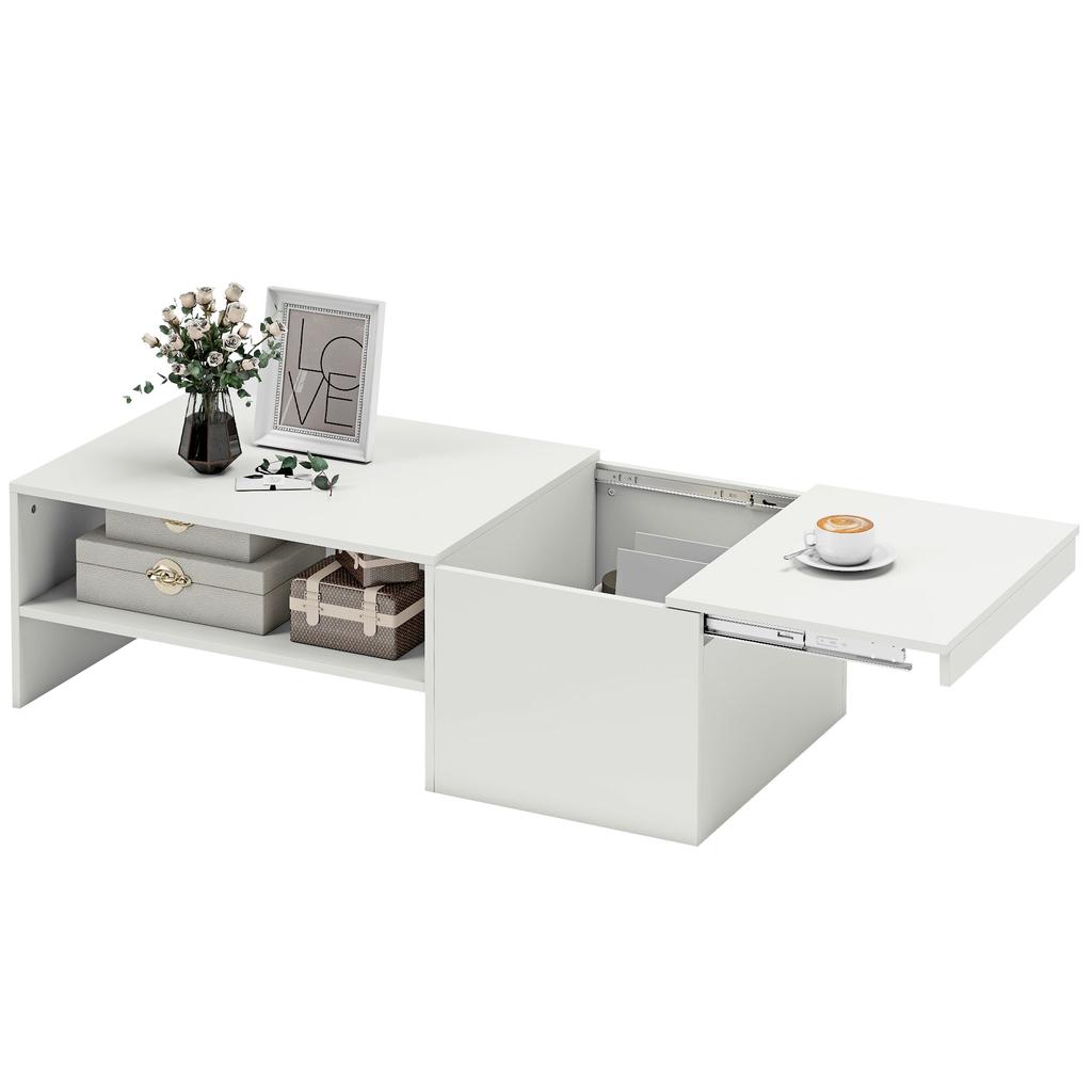 Adjustable coffee table, metal rails, chipboard, foot pads, White