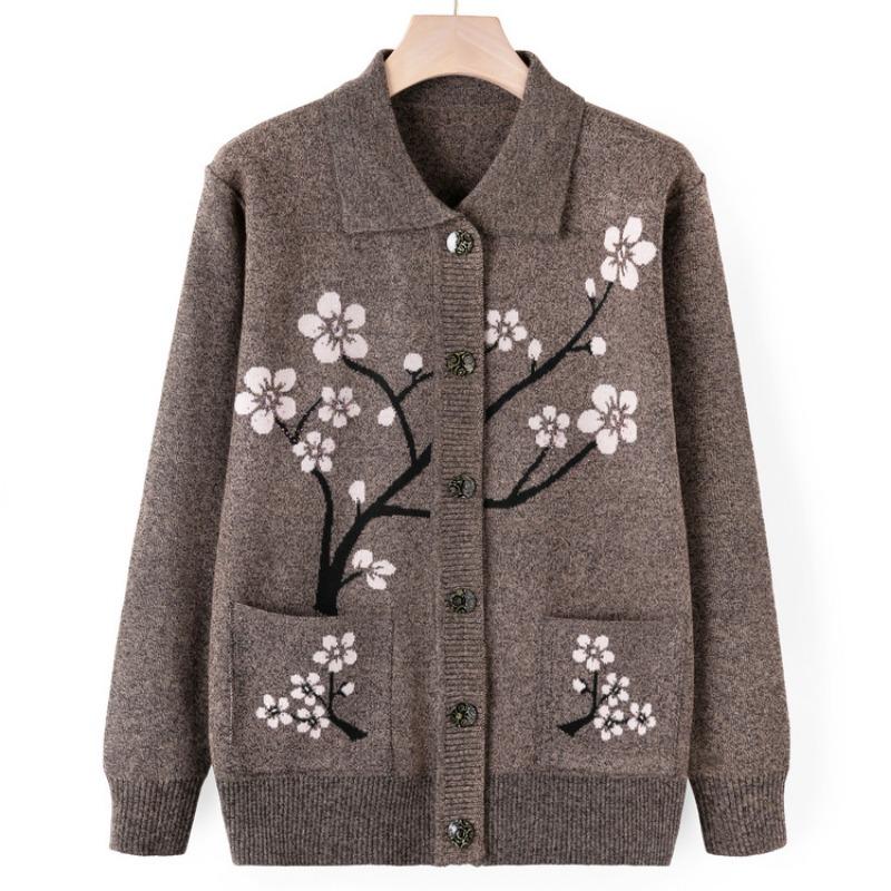 Medium Elderly Sweater Jacket Women's Autumn Mom Knitted Sweater Cardigan Top Grandma Casual Lapel Clothes