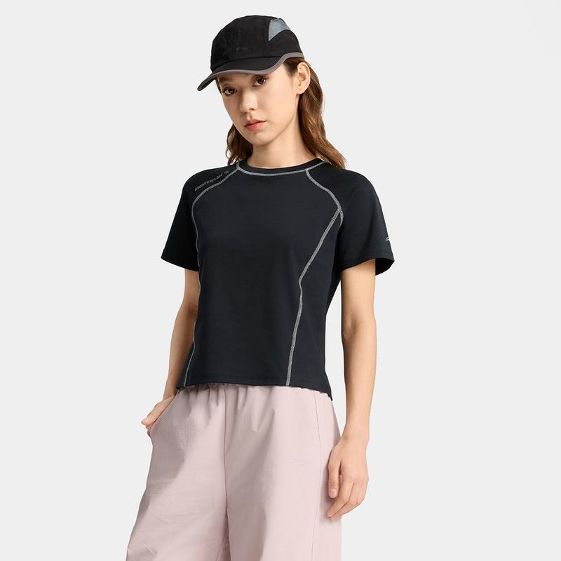 Li Ning CF Outdoor Series Solid Color Cool Comfortable Skin-Friendly Antibacterial Short Sleeve T-Shirt Women T-Shirts Black ATSV196-3