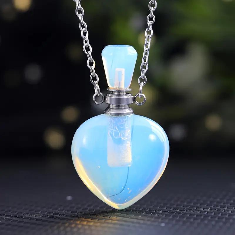 Natural Rose Quartz Crystal Heart Aromatherapy Pendant Bottle