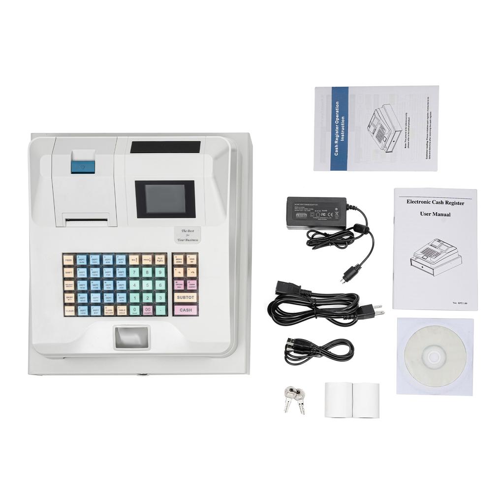 48 Keys Electronic Cash Register, Cash Register with Drawer &Thermal Printer POS Bill Coins System for Retailers (White)