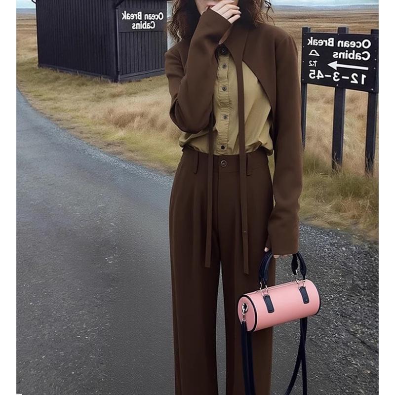 Spring 2026 Women s Street-Style Brown Patchwork Shirt & Suit Pants Set: Age-Defying, Stylish, and High-End. Small
