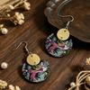 Retro Dark Blue Half-Moon Goldfish Print Double Layer Wood Earrings