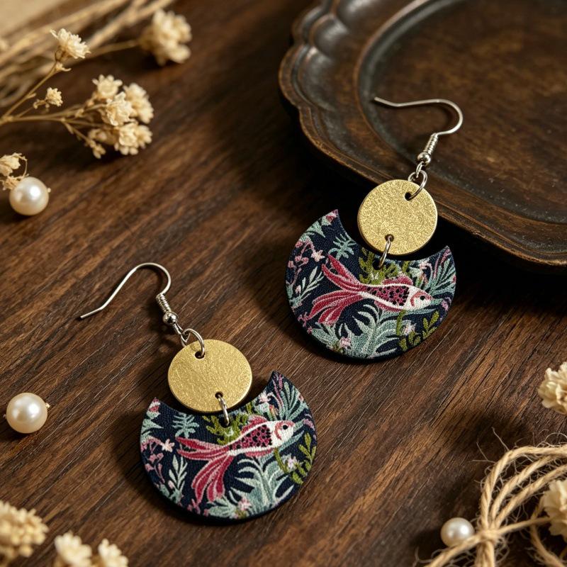 Retro Dark Blue Half-Moon Goldfish Print Double Layer Wood Earrings