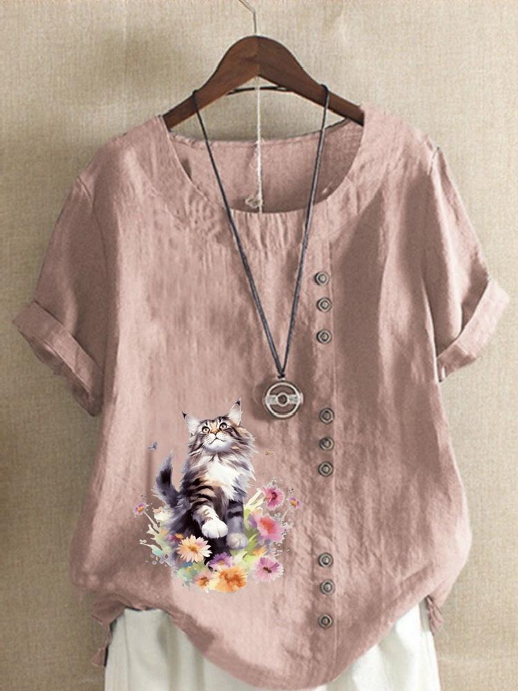 Women's Fashion Floral Cat Print Round Neck Short Sleeve T-shirt Casual Cotton Linen Graphic Shirt Leisure Loose Summer Blouse Tops