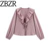 Zbzr New Fall Women's Clothing Fashion Style Fashion V-neck Lace-up Small Plaid Laminated Decoration Shirt 5029181