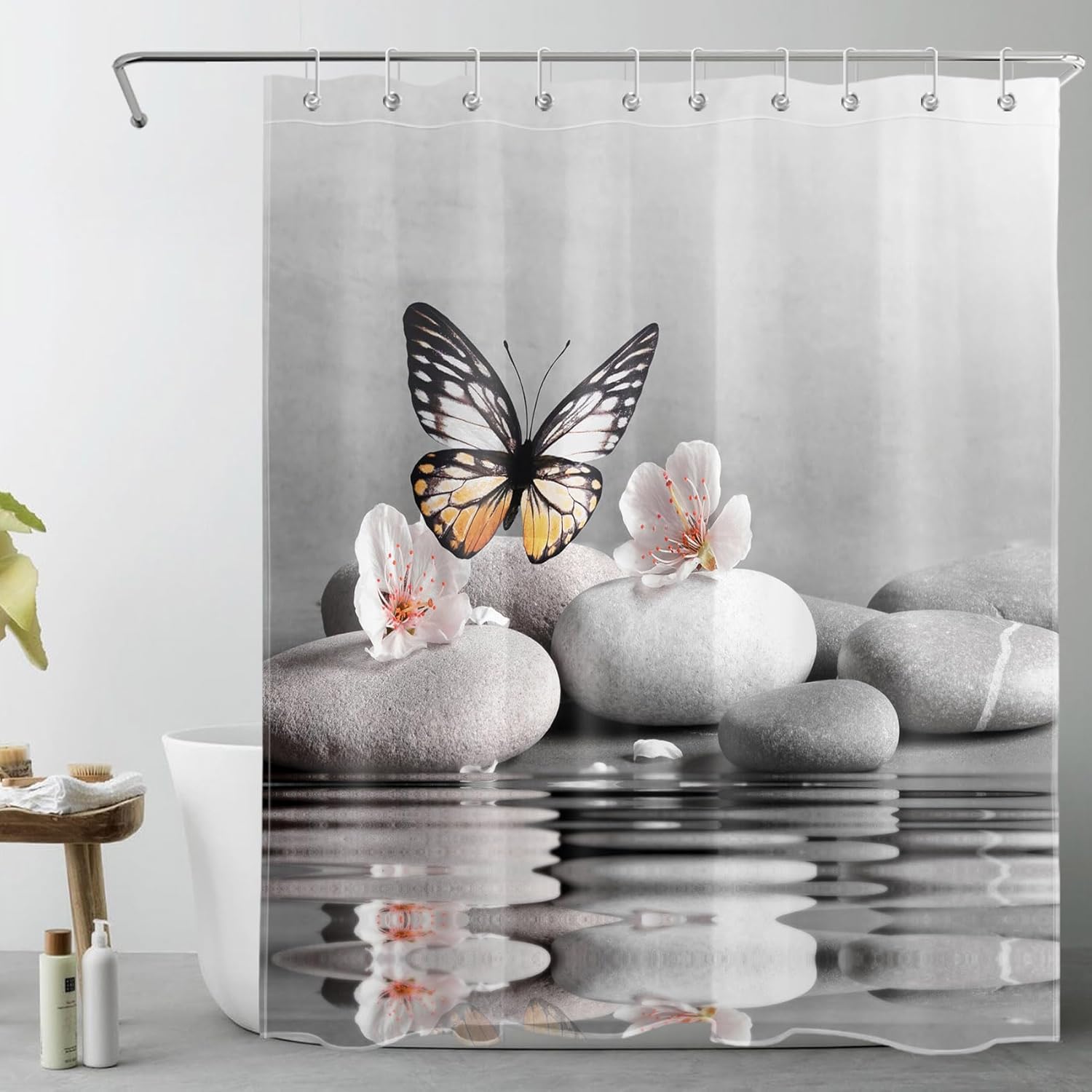 

Zen Stone Shower Curtain, Japanese Zen Theme Bathroom Curtain Asian Beach Ocean Spa Shower Curtains For Bathroom With Hooks W60H190(CM)-1 Pcs