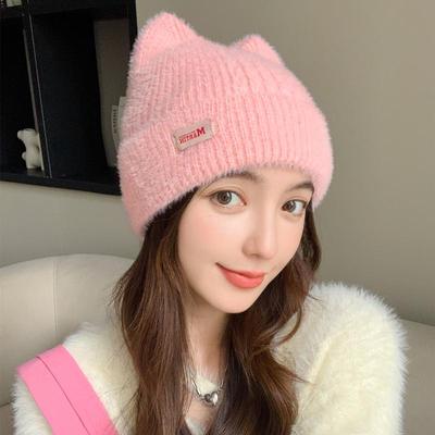 Women Cute Cat Ear Winter Hat Fashion Faux Fur Knitted Hat Kpop Style Soft Beanie Hats Female Candy Colors Streetwear Cap