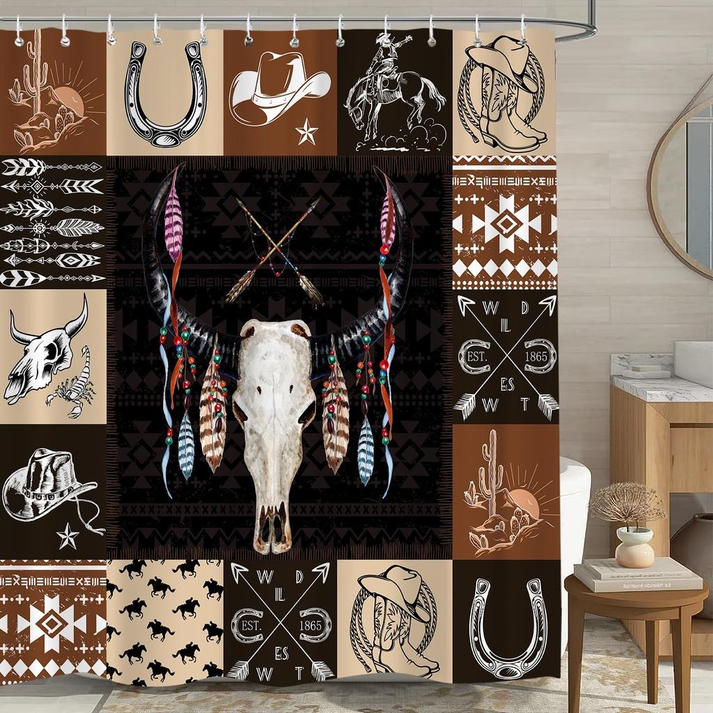 Western Shower Curtain Farmhouse Country Style with Cow Skull Southwest Design, Waterproof Polyester Bath Curtain with 12 Hooks