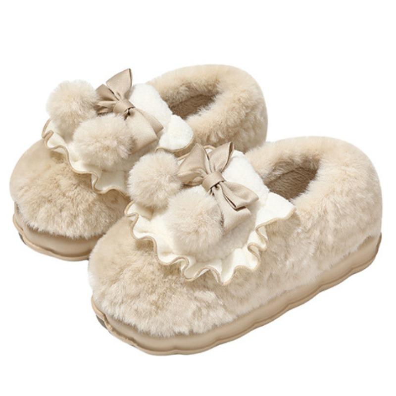 Heel cotton slippers winter bow indoor home non-slip piled thickened bottom fluffy cotton shoes