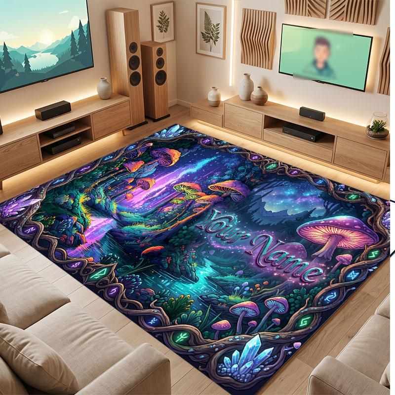 Mushroom Forest Theme Crystal Velvet Floor Rug Personalized Custom Name Text Warm Carpet Home Decoration