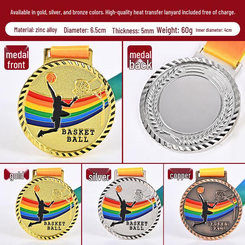 Basketball Competition Metal Medals - Gold, Silver, Bronze Trophies with Customizable Logo for Sports Events.