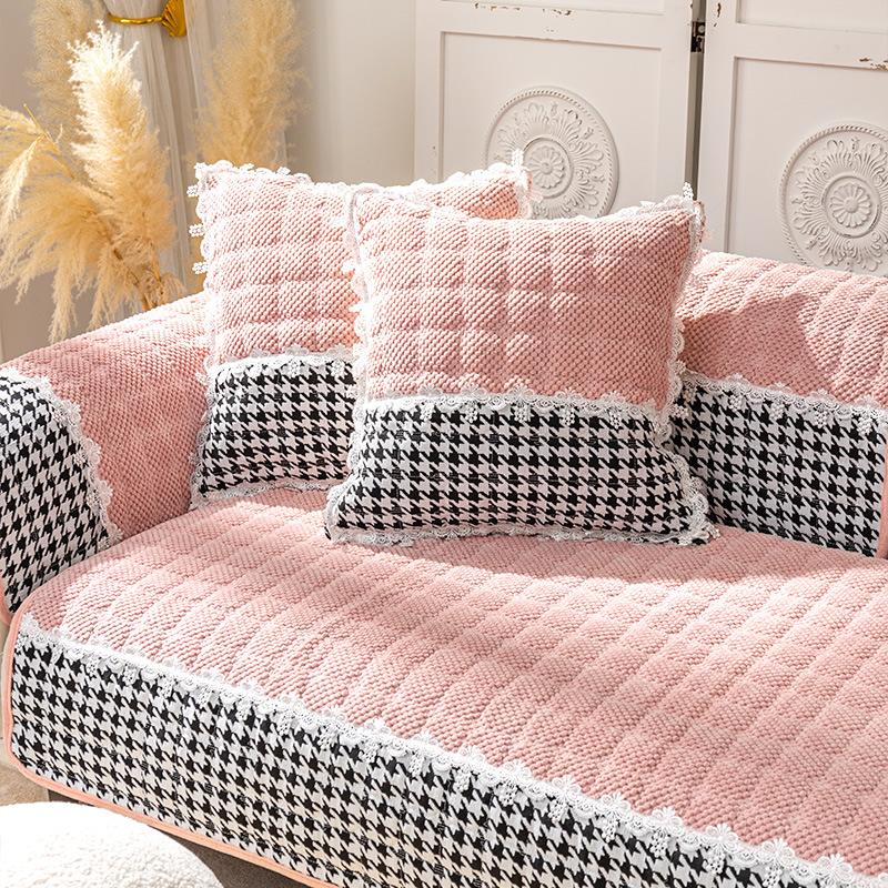 Sofa Cushion Plush Luxury Wind Four Seasons General Simple Modern Non-slip Houndstooth Mat Autumn and Winter Cushion Cover.