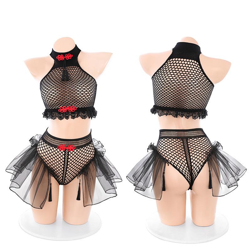 Chinese buckle tassel mesh split pack sex underwear sexy black mesh plus size set