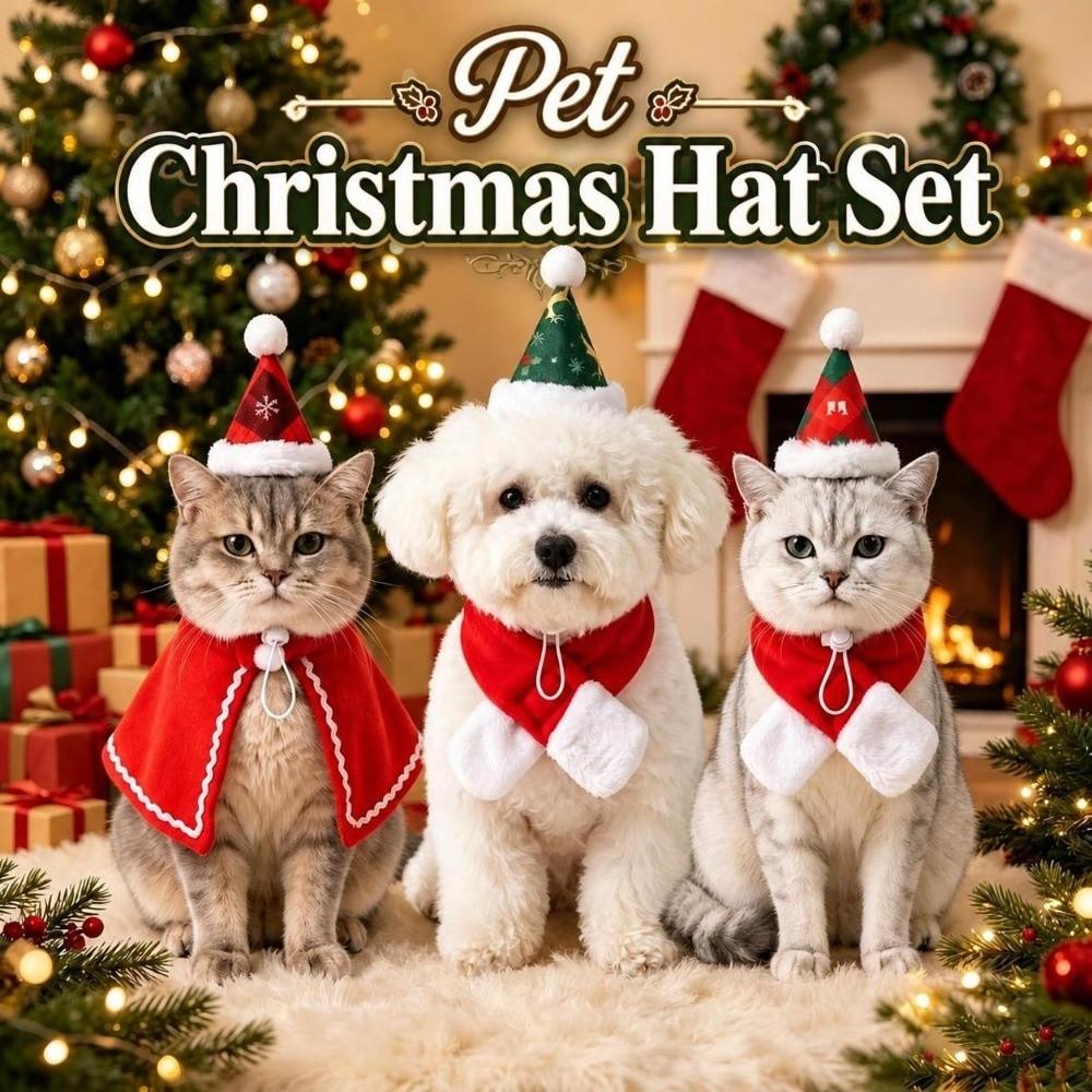2Pcs/Set Winter Dog Scarf Collar Christmas Cat Scarf Hat Cute Pet Neck Warmer for Puppy Kitten