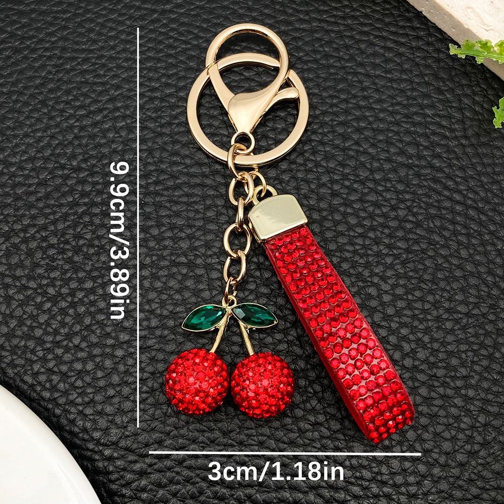 Брелок-шнурок с вишней, подвеска с красными плодами-стразами и зелеными листьями