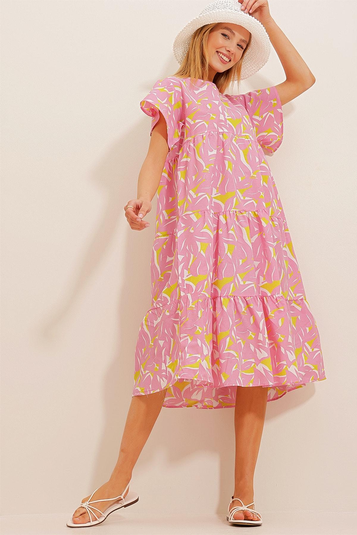 

Женское платье, новый сезон, модное розовое маслянисто-зеленое платье из поплина с круглым вырезом и воланами с цветочным узором