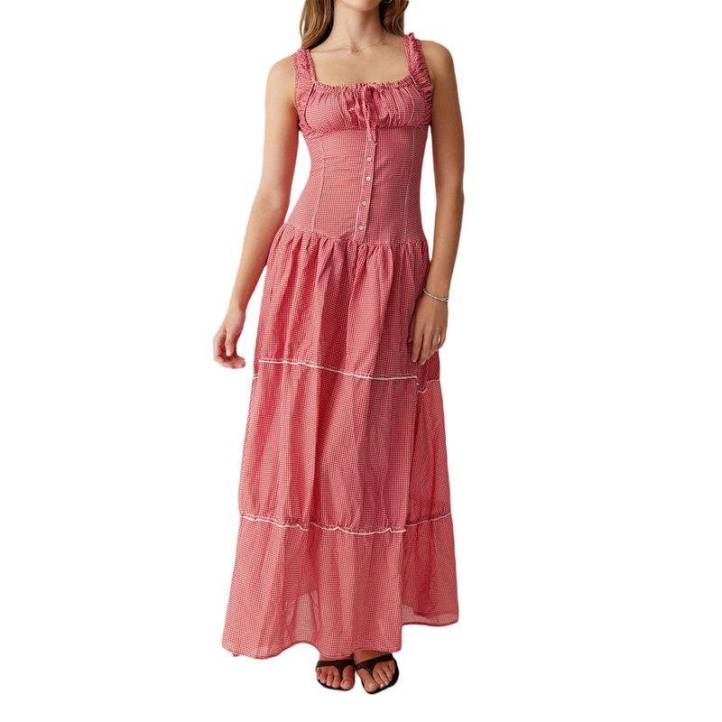 Summer 2024 Beach Dress French Square Collar Retro Vacation Style Plaid Sling Drawstring Ruffle Waist-Tight Slim Looking Dress