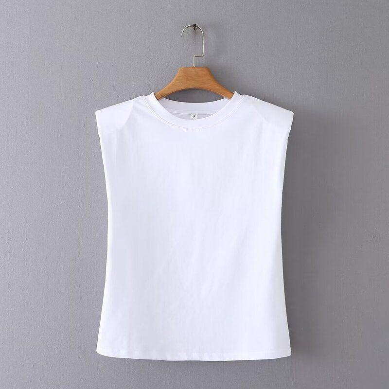 Fashion Style 2024 Summer New Women's Clothing Casual Easiest for Match Padded Shoulder Decoration Stripes T-shirt 0858030104