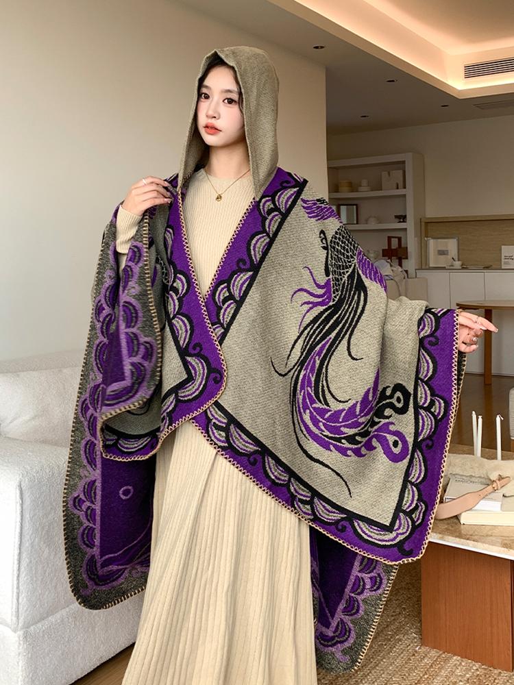 Winter Women Scarf Hooded Layers Poncho Elegant Lady Retro Print Warm Wrap Shawl Scarve Capa Para Mujer Pashmina Cloak Fashion