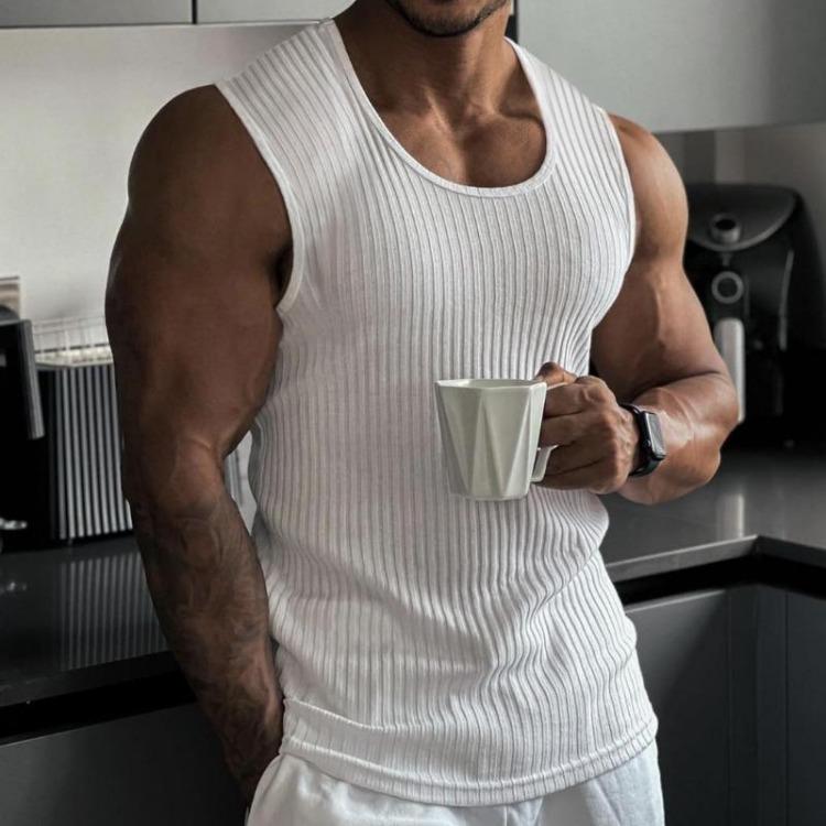 Men Sleeveless Fitness Tank Top Solid Knit Workout T-shirt Sport Running Training Gym Bodybuilding Summer Tee