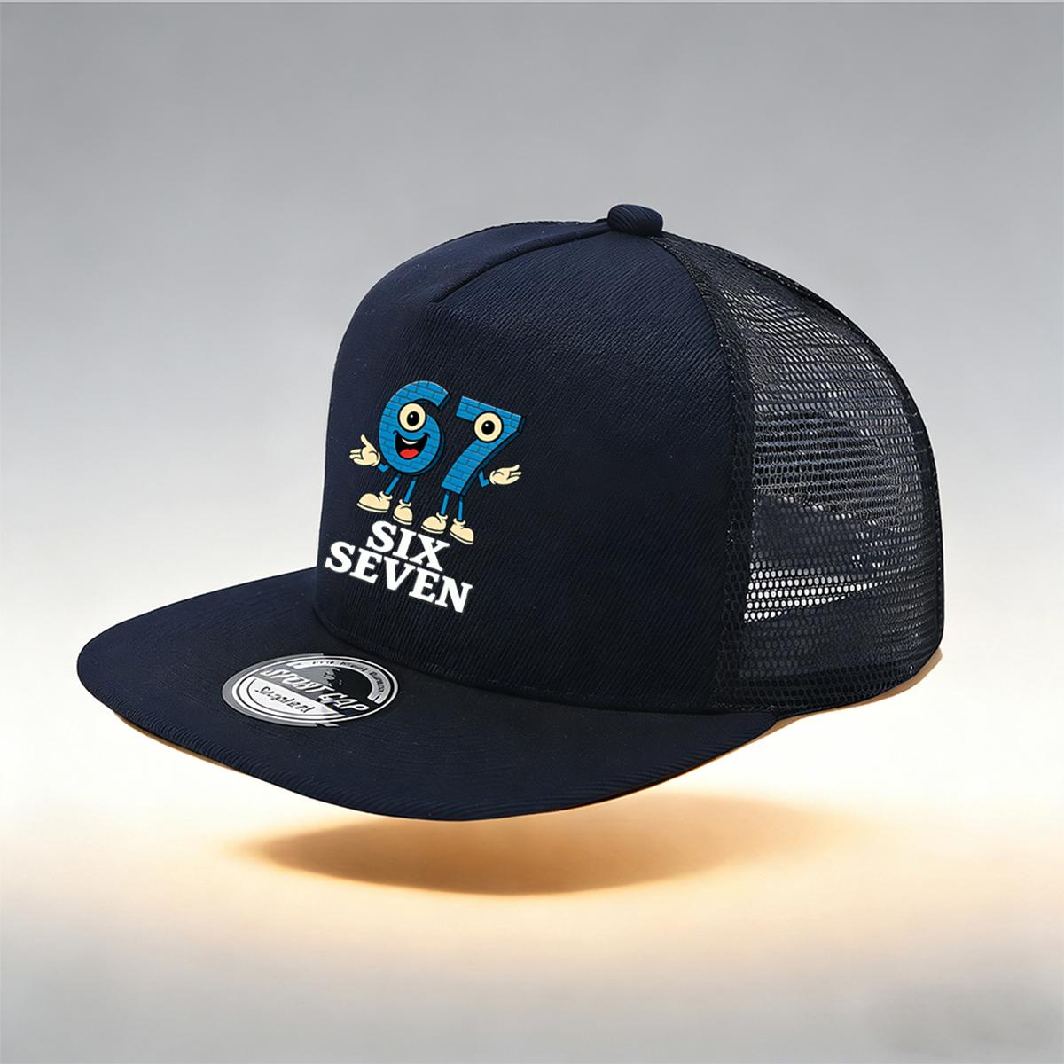 

1/2PC Flat Brim Mesh Trucker Hat, Breathable, Cartoon 67 SIX SEVEN Anthropomorphic Print, Retro Streetwear for Men Women темно-синий