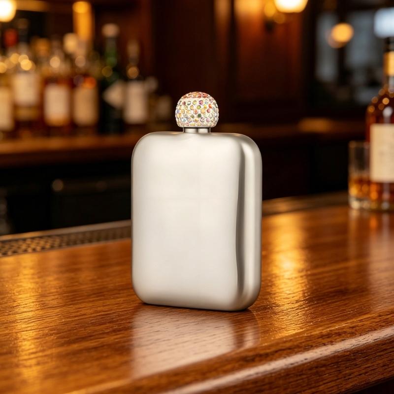 Classical Stainless Steel Square Drinking Flask With Leak Proof Rhinestones Lid Small Liquor Bottle Hip Flask For Parties And Outdoor Activity