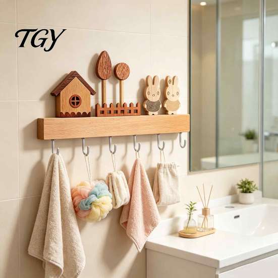 Wall Mounted Key Holder Wooden with 6 Hooks, Decorative Entryway Organizer Kitchen Tool Storage Hook Rack, Easy Mount Installation Hanger for