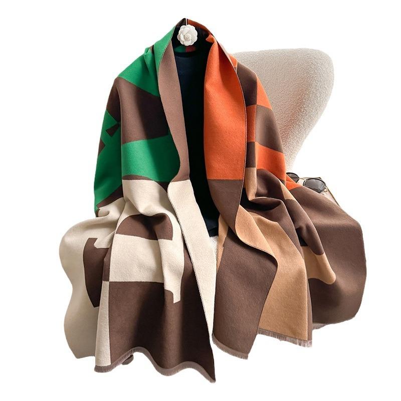24 Autumn and Winter Splicing Scarf Women's Fashion Warm Versatile Imitation Cashmere Scarf Thickened High-end Shawl