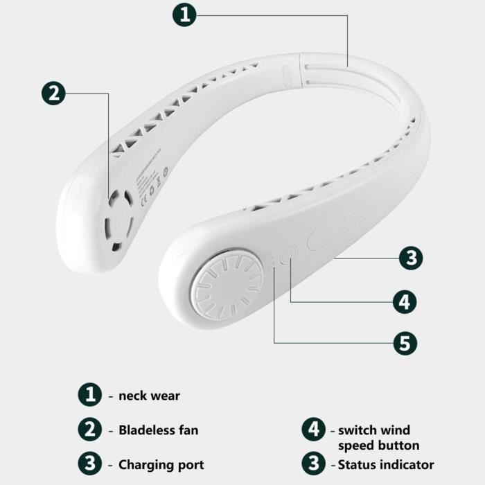 Ventilateur rechargeable - Fafeicy - Ventilateur électrique portatif sans lame - Blanc - Niveau sonore 45 dB