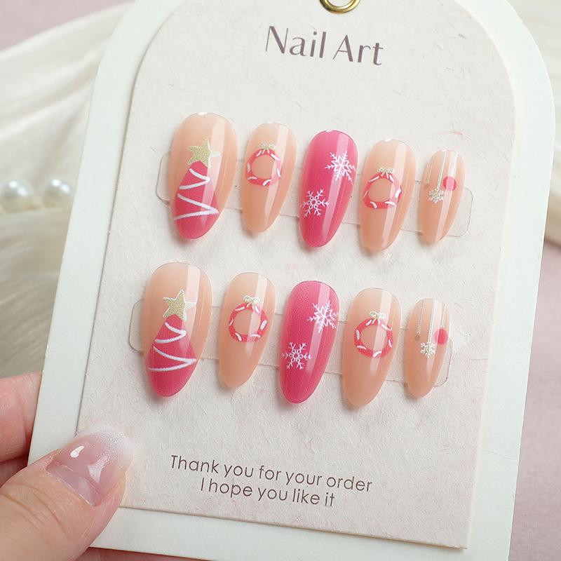 Holiday Collection: 24pcs Donut & Pine Tree Nail Art Tips - Sweet Almond Cat Eye Design with Snowflake Elegance. 24 Pieces/Box with Wear Tools
